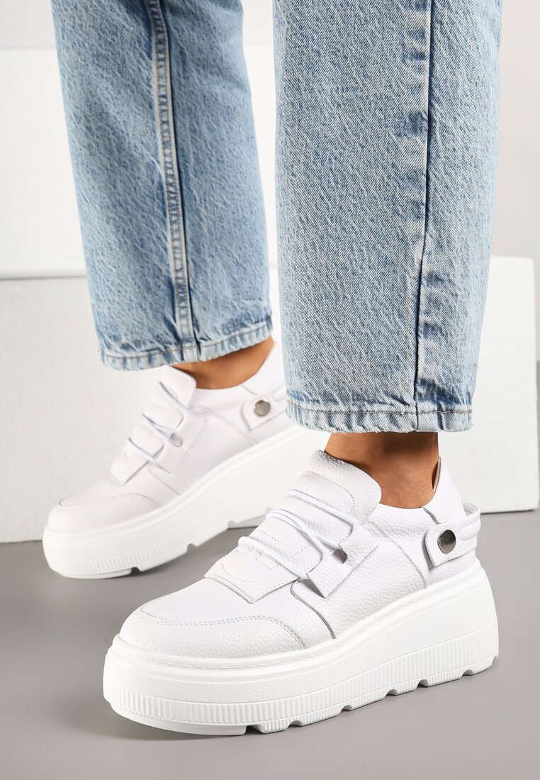 Adidași Albi pe Platformă din Piele Naturală cu Baretă Decorativă Reselle