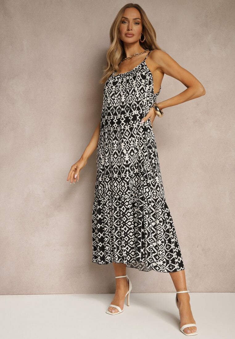 Rochie Neagră din Bumbac cu Motiv Geometric Koladiela