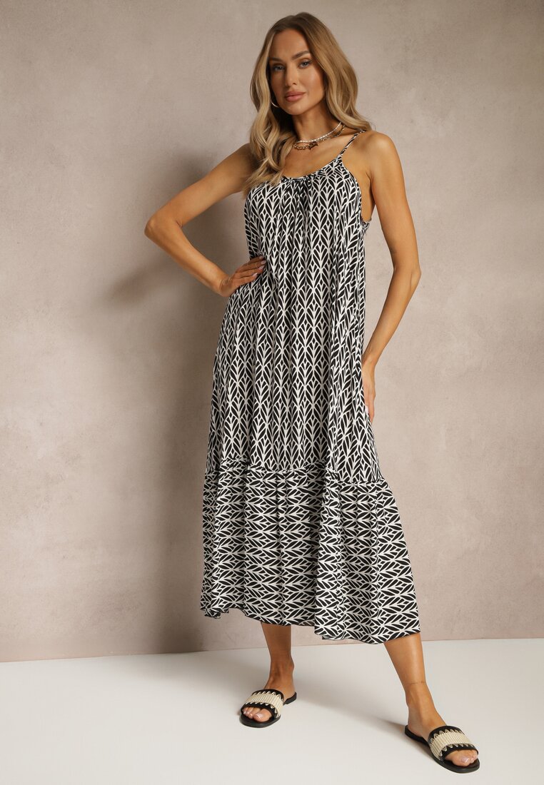 Rochie Neagră din Bumbac Decorată cu Motiv Geometric Nilavionea
