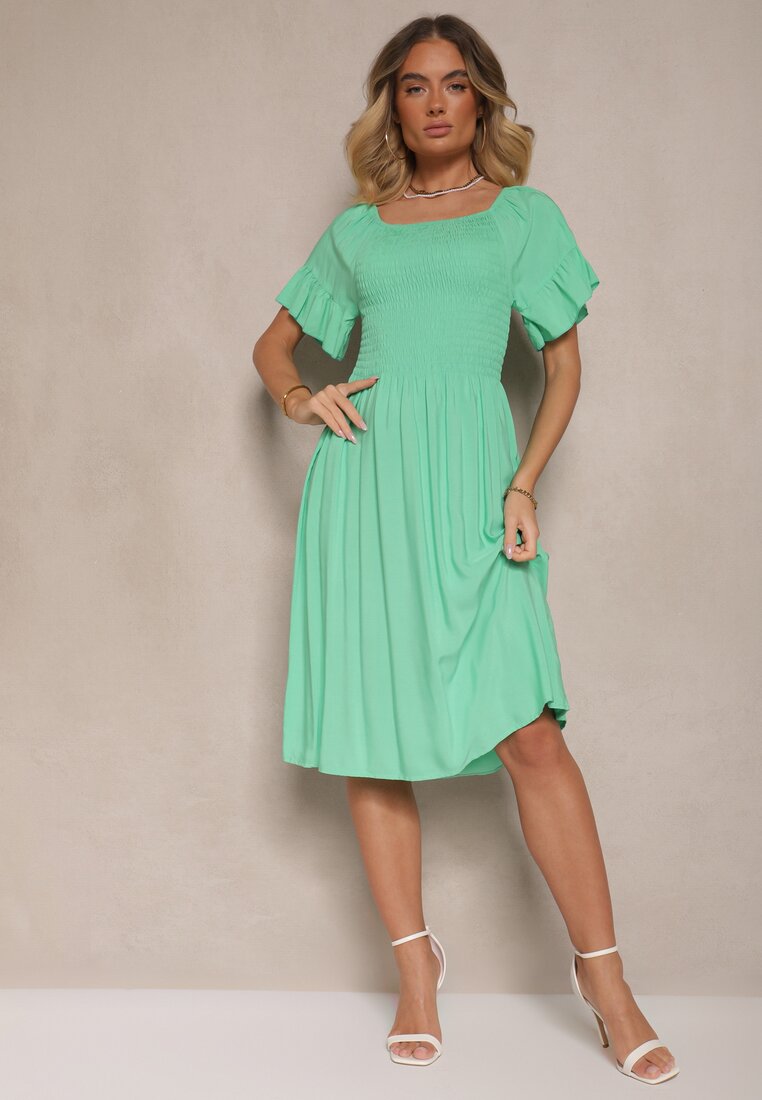 Rochie Verde deschis Cloș din Bumbac cu Mâneci bufante la umeri și Elastic la bust Norlio