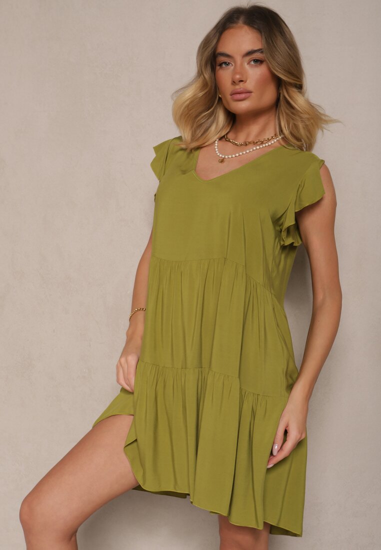 Rochie Verde Evazată din Bumbac Decorată cu Volane Natiriane