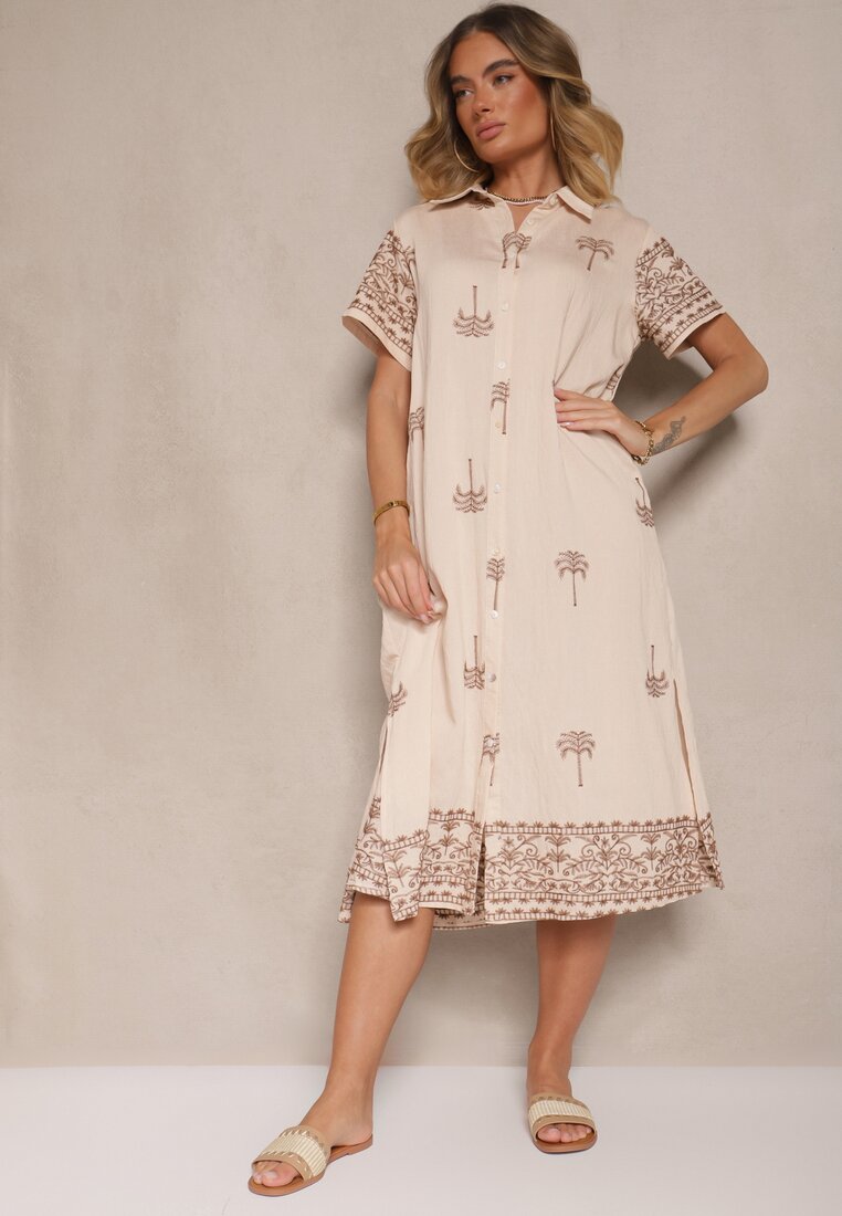 Rochie bej din viscoză, cu croi drept, cu guler și broderie Sanavelle