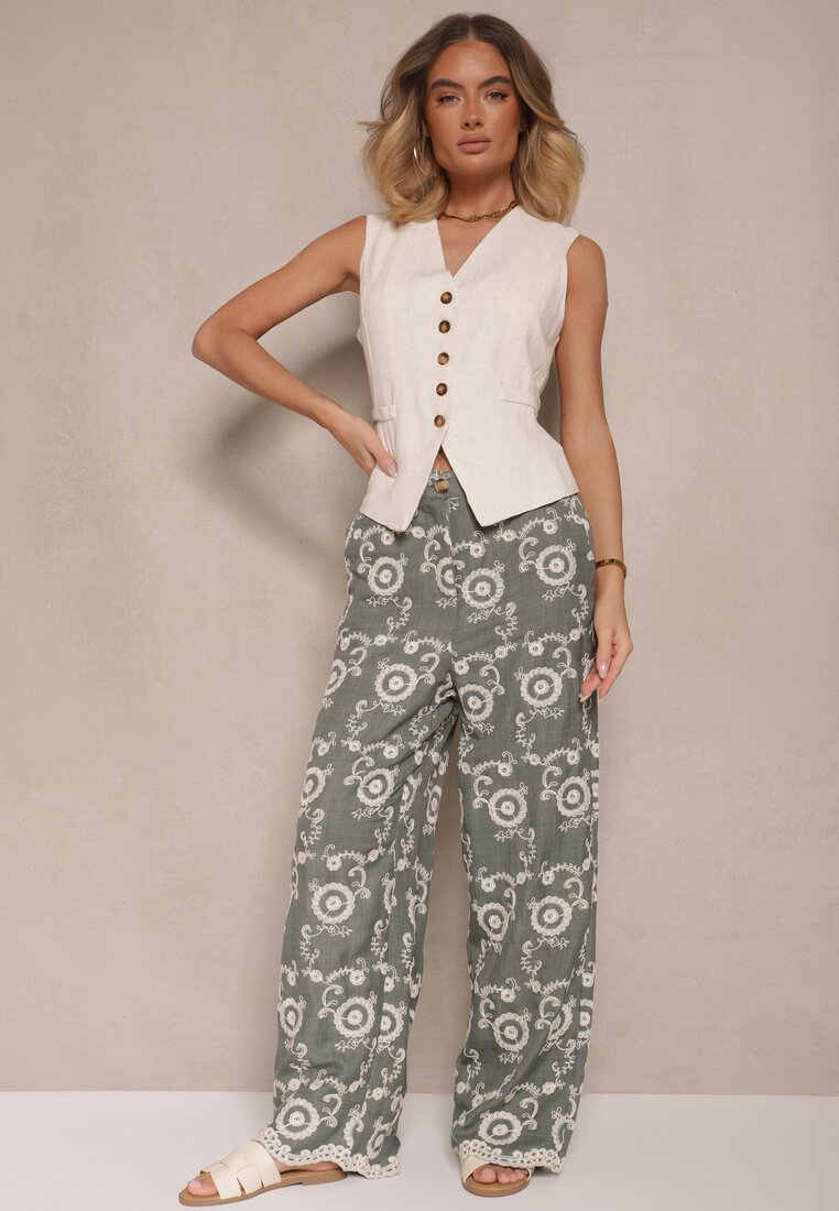 Pantaloni Verzi închiși cu croială largă cu talie înaltă brodați Issedi