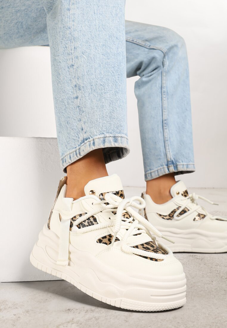 Adidași bej și leopard în stil Streetwear pe platformă reliefată cu sclipici Mailienne