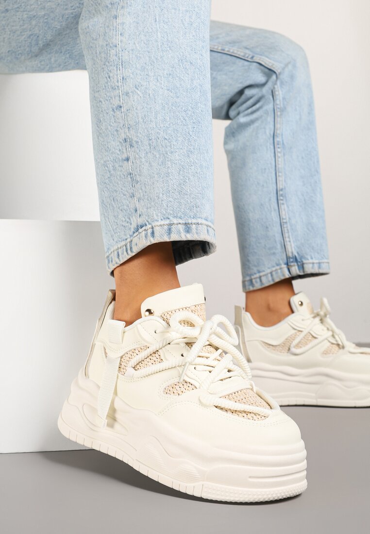 Adidași bej cu platformă decorați cu șireturi Puvira