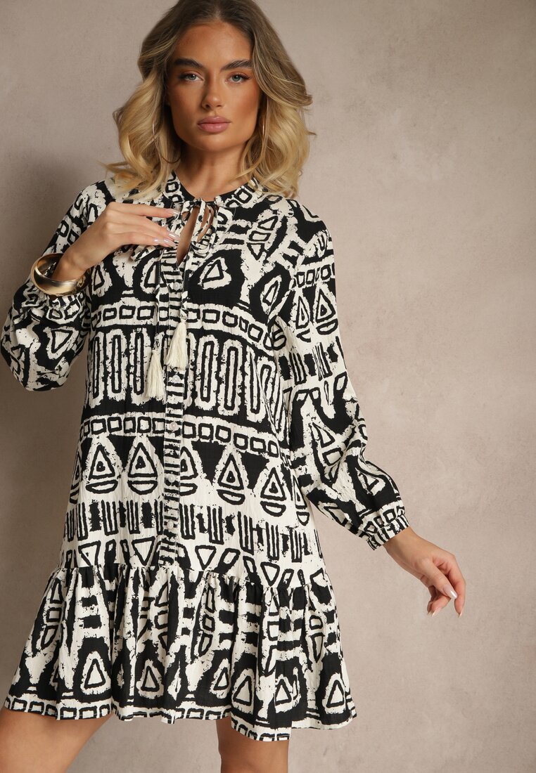 Rochie Neagră Evazată din Viscoză cu Imprimeu Etnic cu Cordon cu Ciucuri Ravpio