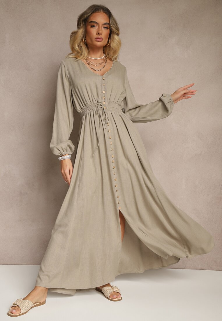 Rochie bej cu in și viscoză cu croială evazată cu nasturi decorativi Maitena