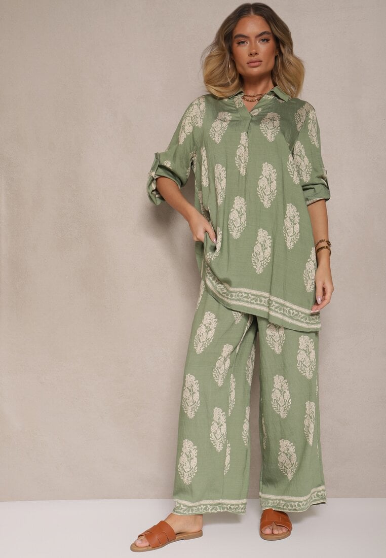 Set Verde Oversize în Stil Rustic Cămașă Lungă și Pantaloni Largi Mepilara