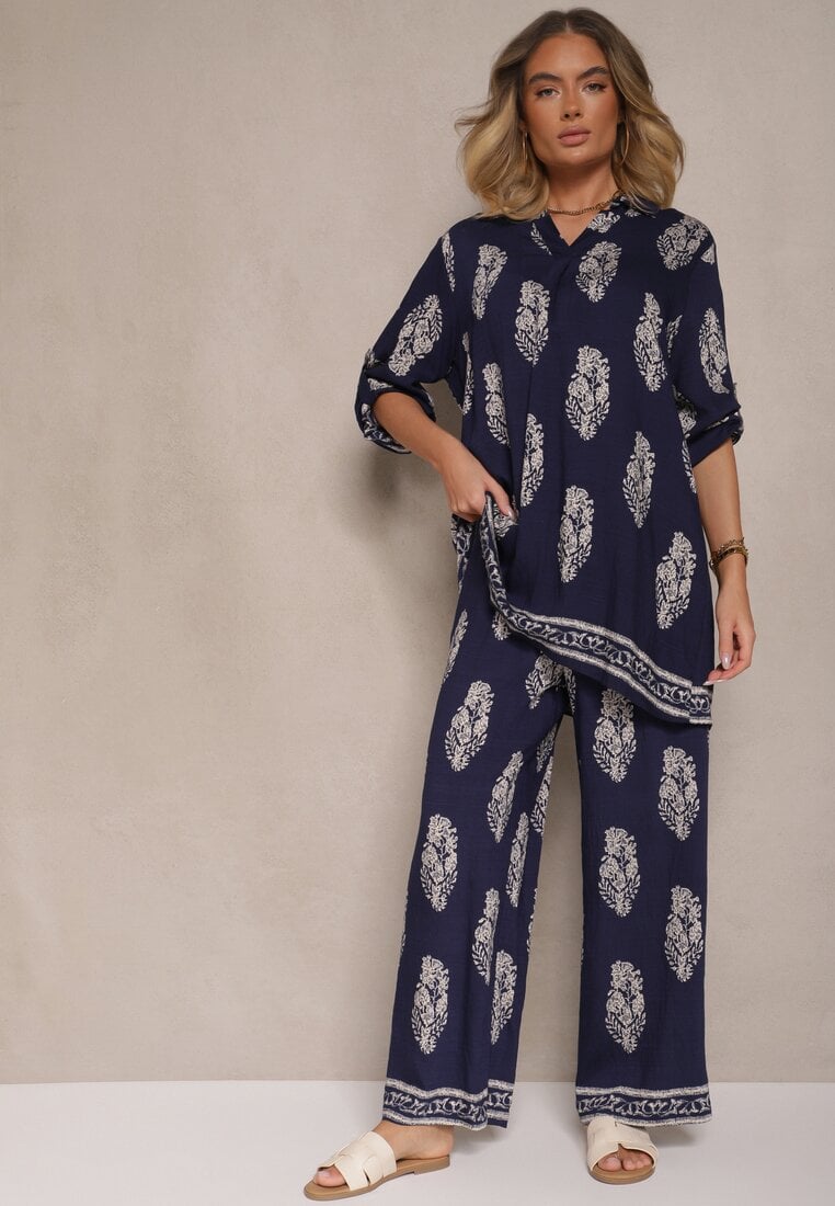 Set Bleumarin Oversize în Stil Rustic Cămașă Lungă și Pantaloni Larghi Mepilara