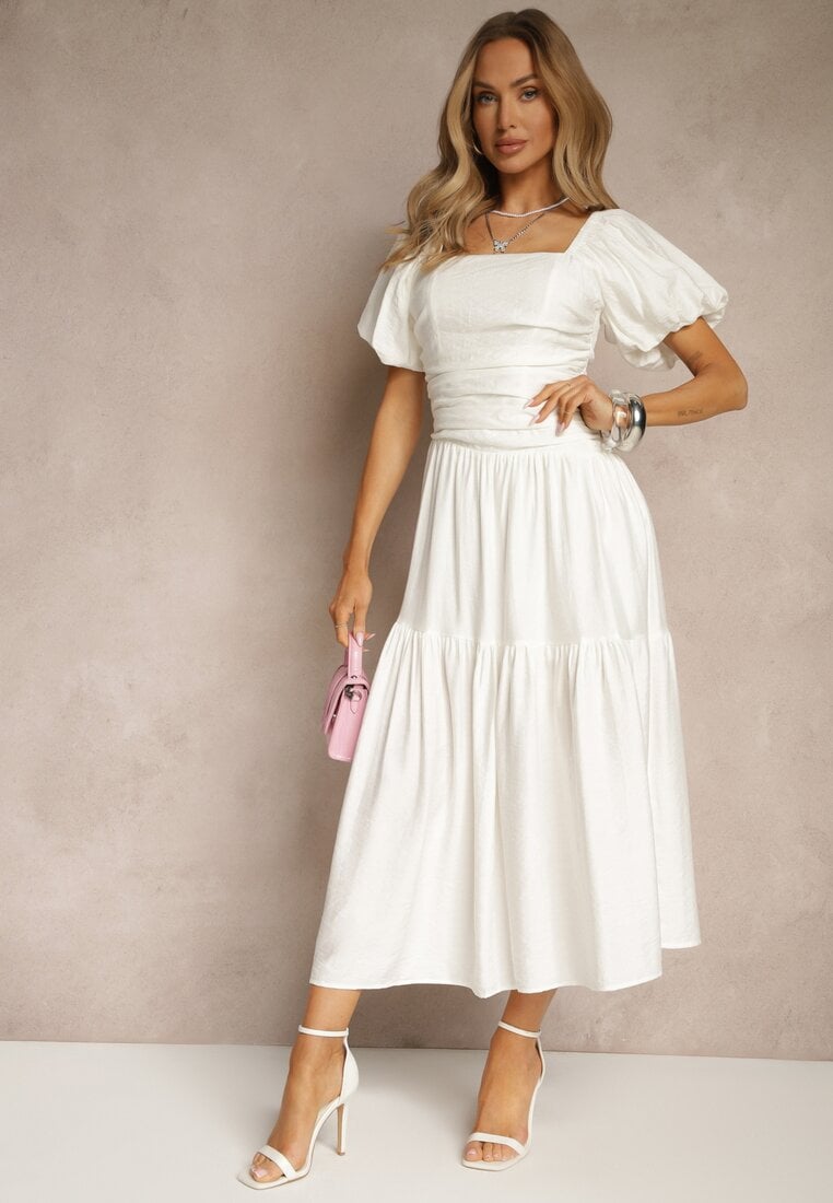 Rochie Albă Viscoză Drapată Evazată Naprine