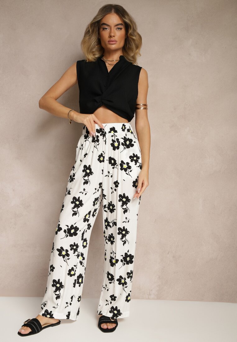 Spodnie Białe Largi High Waist cu model floral Elsedia