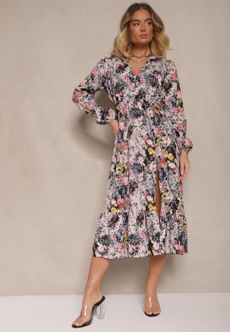 Rochie Neagră cu Imprimeu Floral cu Croi Evazat cu Decolteu în V Janellia