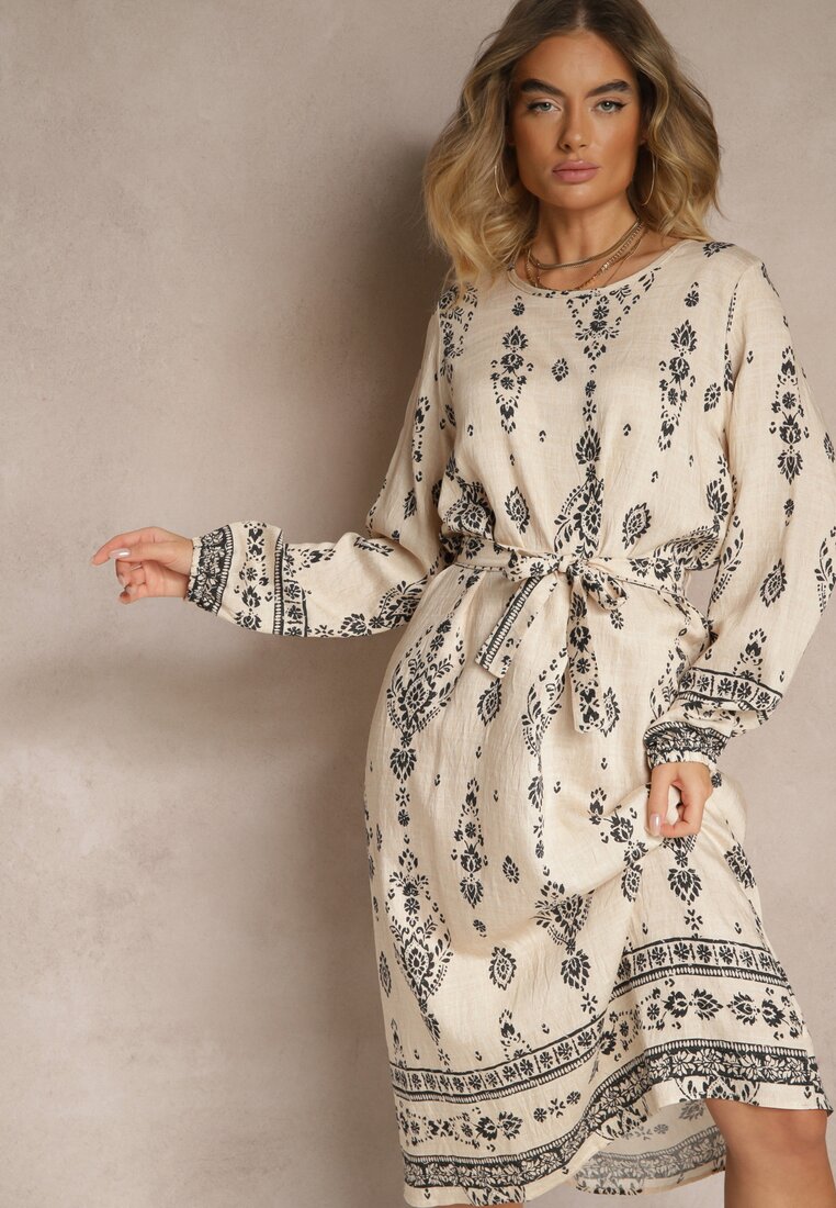 Rochie Bej deschis Tip cutie Boho cu Imprimeuri Etnice cu Curea Lisalenea