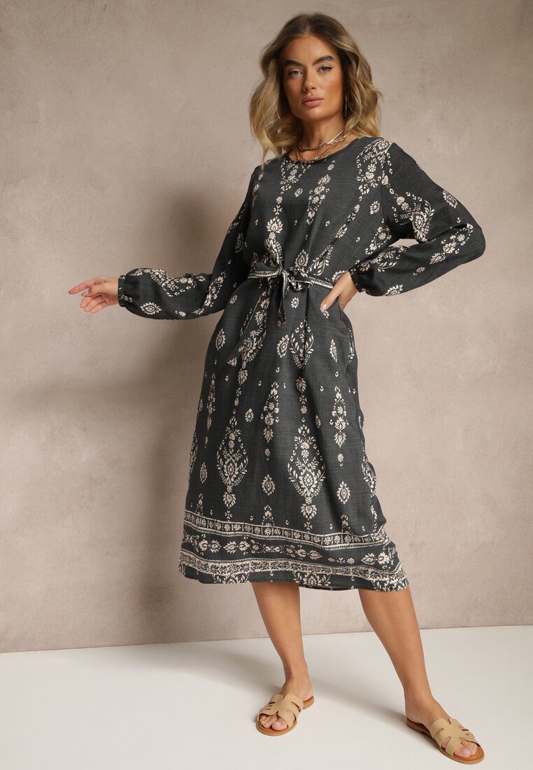 Rochie Gri închis Croială dreaptă Boho cu imprimeu etnic cu curea Lisalenea