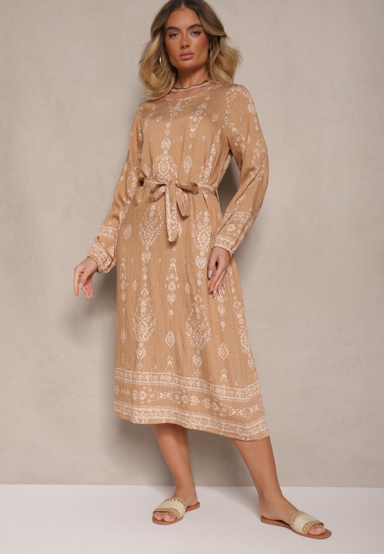 Rochie Bej cu Imprimeu Boho Croială dreaptă cu Cordon în Talie Lisanea