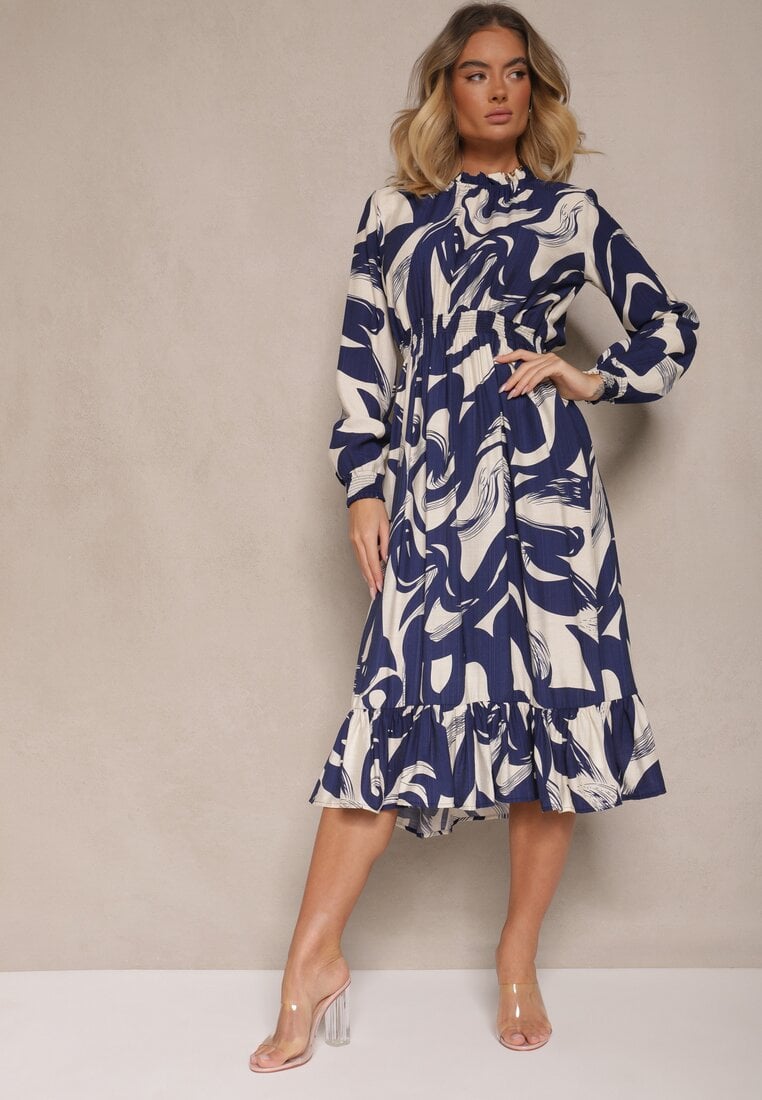 Rochie Evazată Bleumarin cu bumbac cu imprimeu abstract Silsedi
