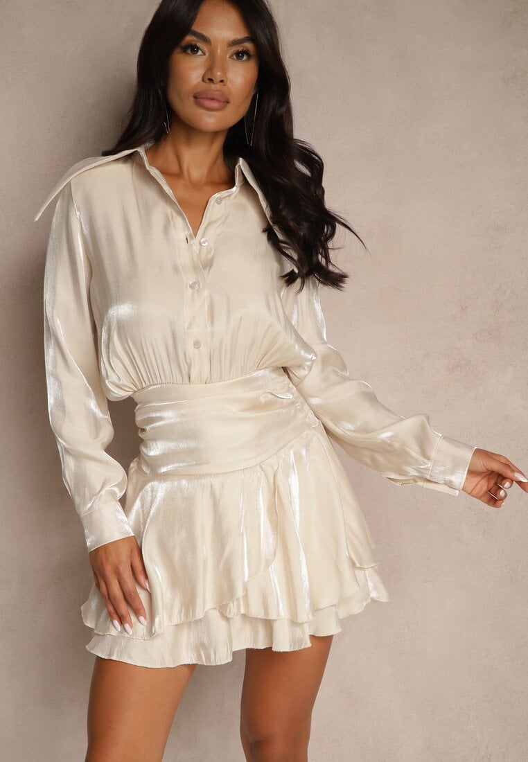 Rochie viscoză bej cu croială tip cămașă cu volane Lioelle