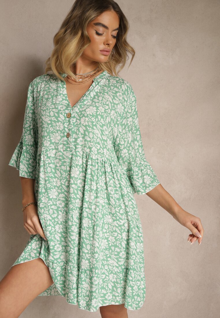 Rochie Evazată Verde din Bumbac Decorată cu Model Floral Jenelitia