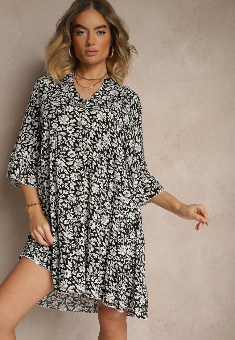 Rochie Evazată Neagră din Bumbac Decorată cu Model Floral Jenelitia