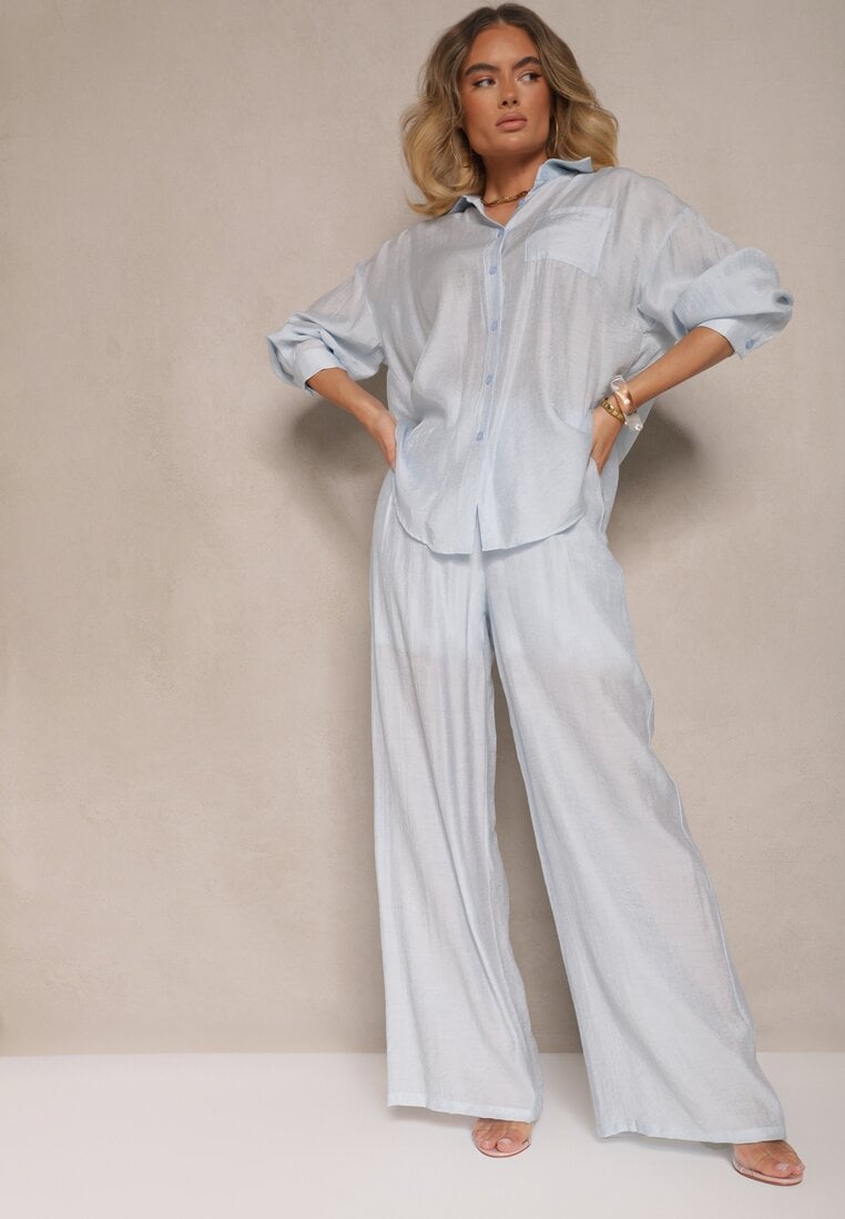 Pantaloni Albastru deschis Palazzo Talie înaltă cu picior larg și bandă elastică în talie Jenarielis