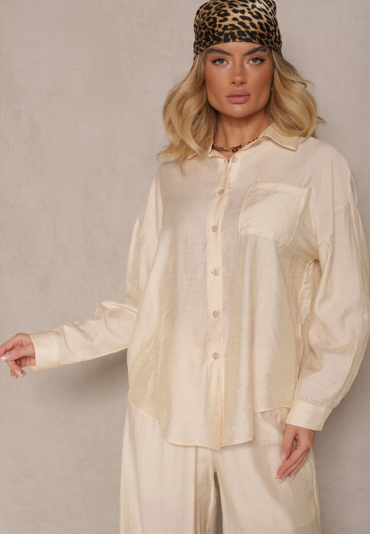 Cămașă Bej deschis Oversize în Stil Clasic cu Buzunar Liozira