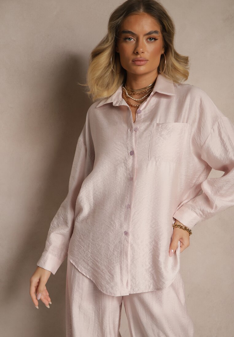 Cămașă Roz deschis Supradimensionată în Stil Clasic cu Buzunar Liozira