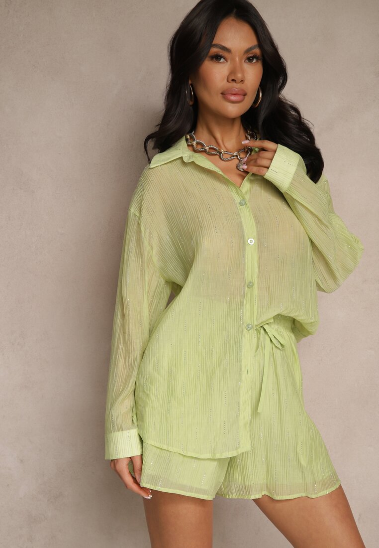 Set Verde din Țesătură cu Zirconii Cămașă și Pantaloni scurți Jeniviela