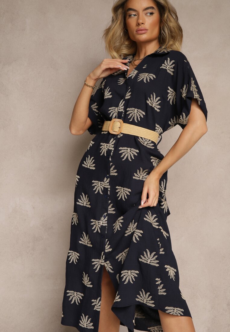 Rochie Cămășă Bleumarin din Viscoză Decorată cu Broderie cu Curea Elastică Liovira