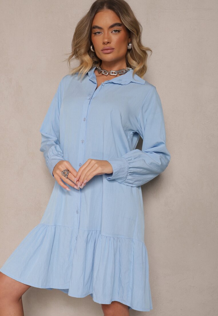 Rochie Albastră din Viscoză cu Croială Tip Cămașă cu Volănaș Penzedi