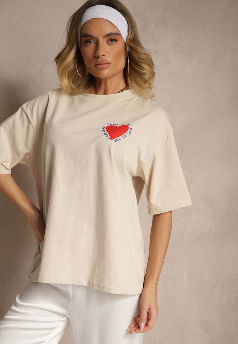 T-shirt Bej din Bumbac Decorat cu Inimă Ranira