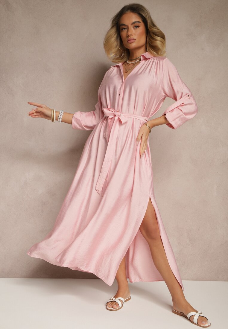 Rochie Roz tip cămașă cu viscoză Decorată cu centură Cleonira