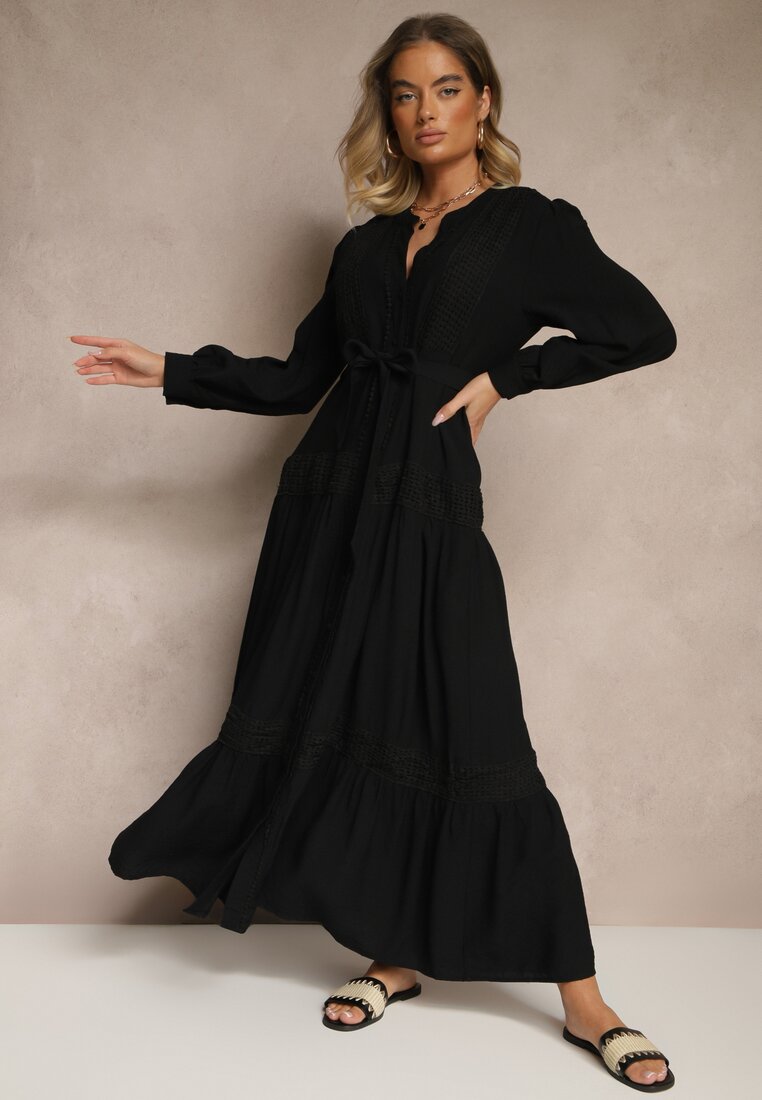 Rochie Neagră din Viscoză Evazată cu Cordon legat și Dantelă Reisavien