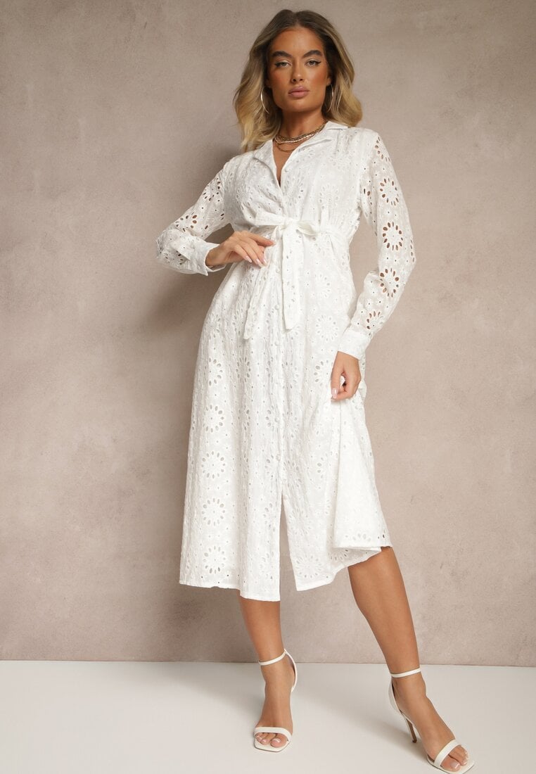 Rochie cămașă albă ajurată decorată cu curea Tananilia