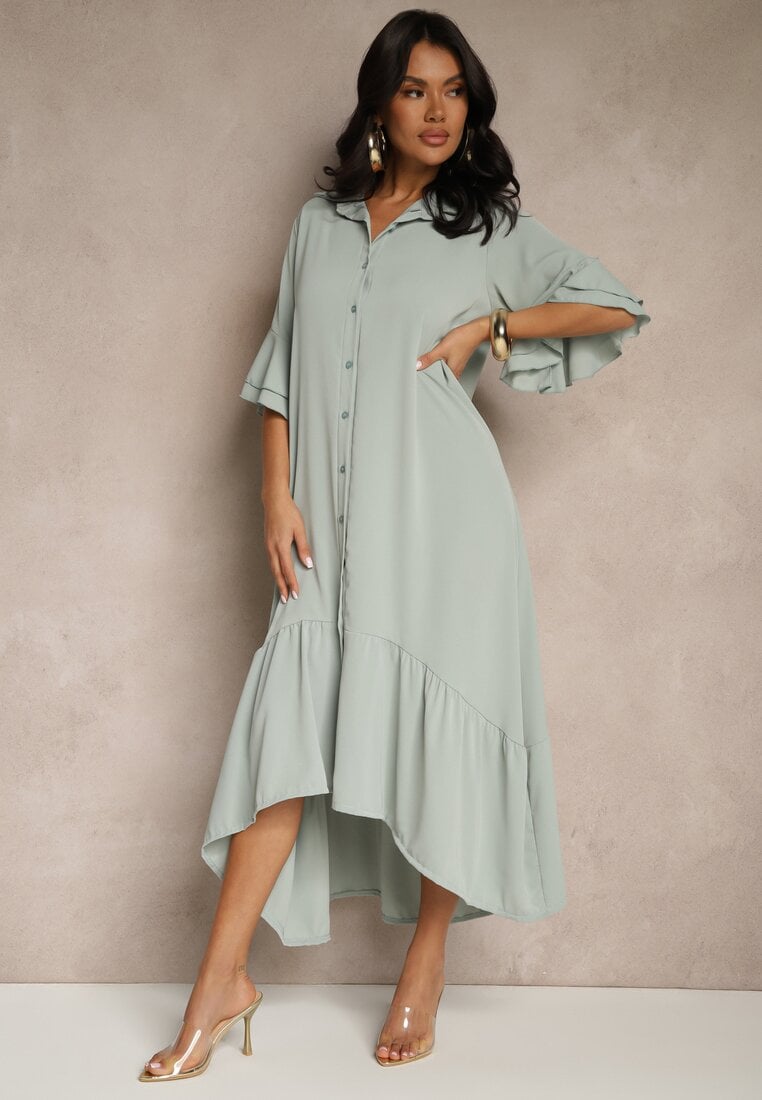 Rochie tip cămașă Verde deschis cu volan decorativ Daviravie