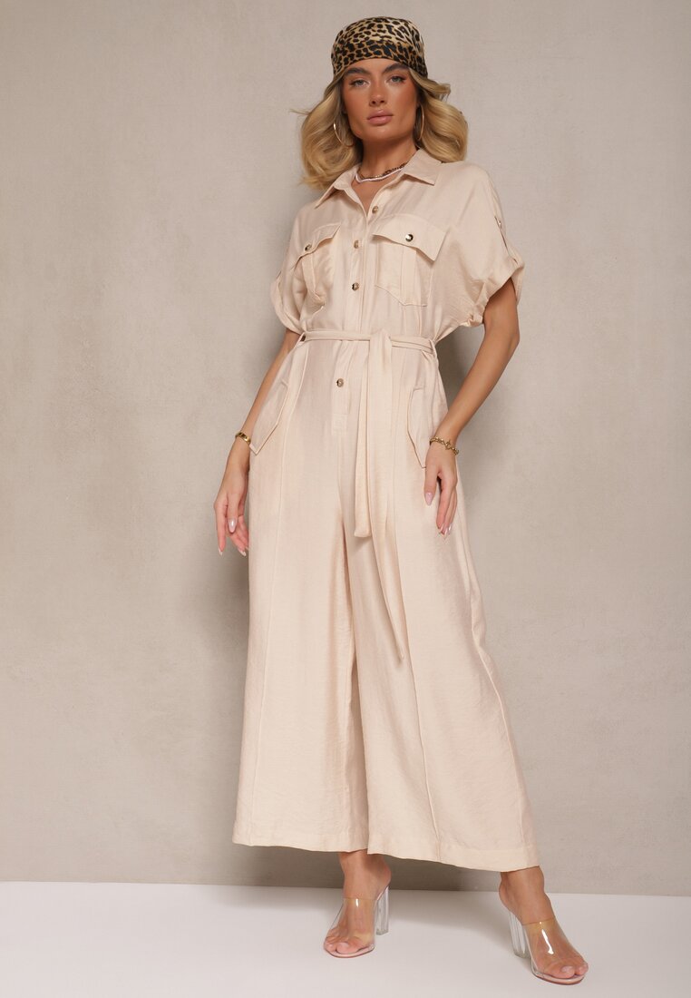 Salopetă Bej Decorată cu Buzunare și Curea Wilsedi