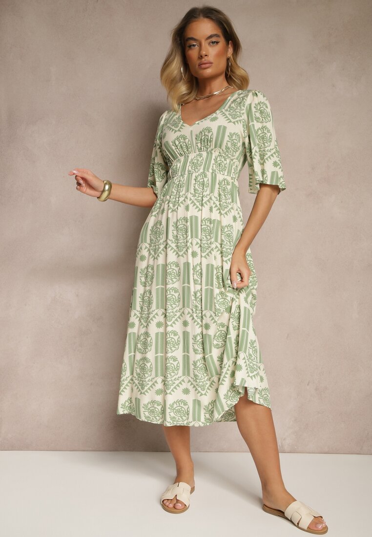 Rochie Verde-Crem Viscoză Cloș cu Spatele Decupat cu Imprimeu Boho Turaisa