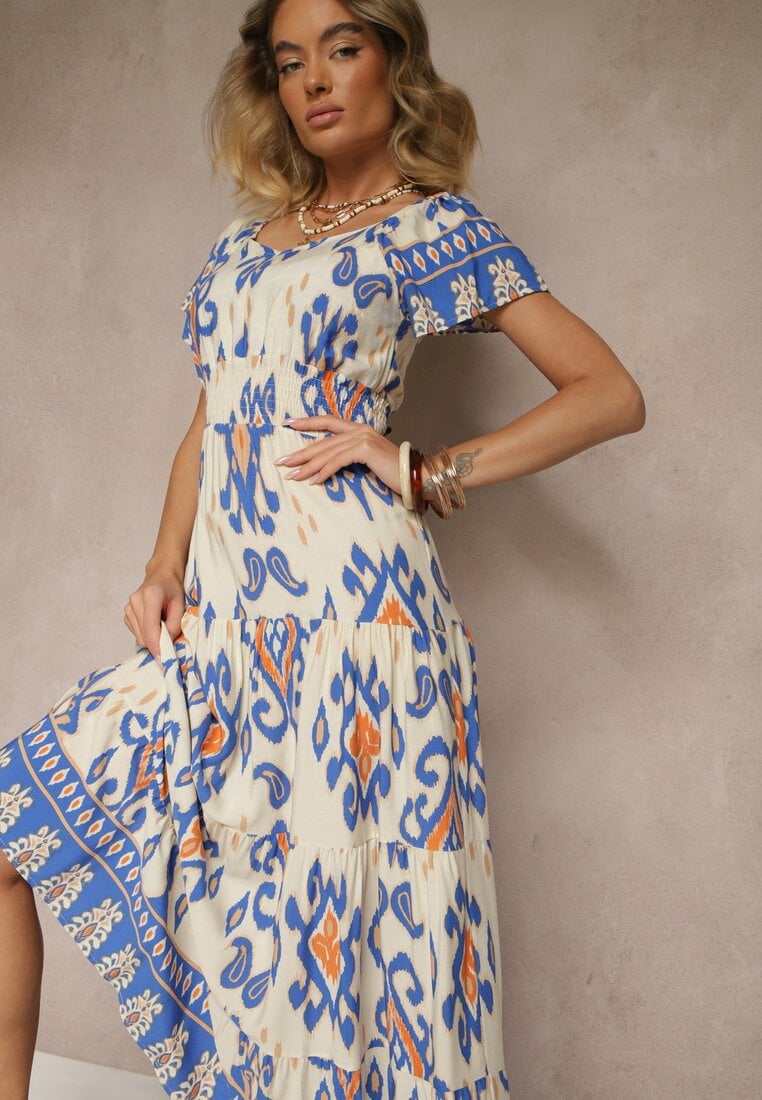 Rochie Albastră din Viscoză Decorată cu Motiv Geometric Clevessa