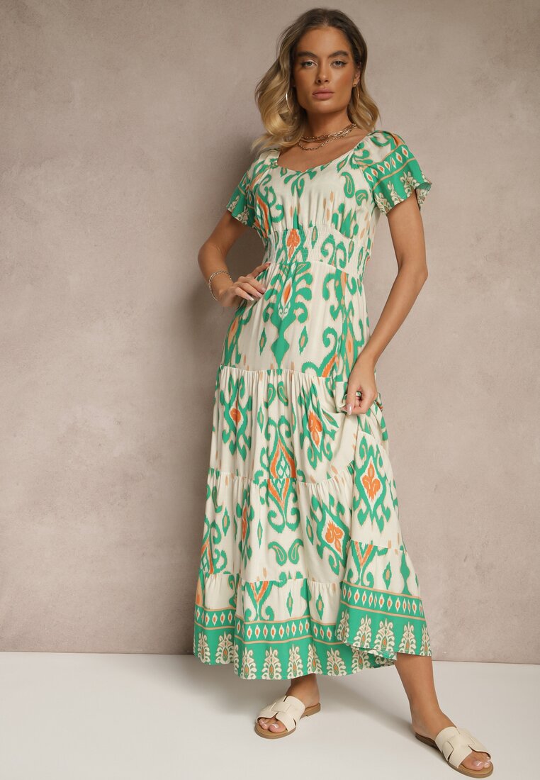 Rochie Verde din Vâscoză Decorată cu Motiv Geometric Clevessa