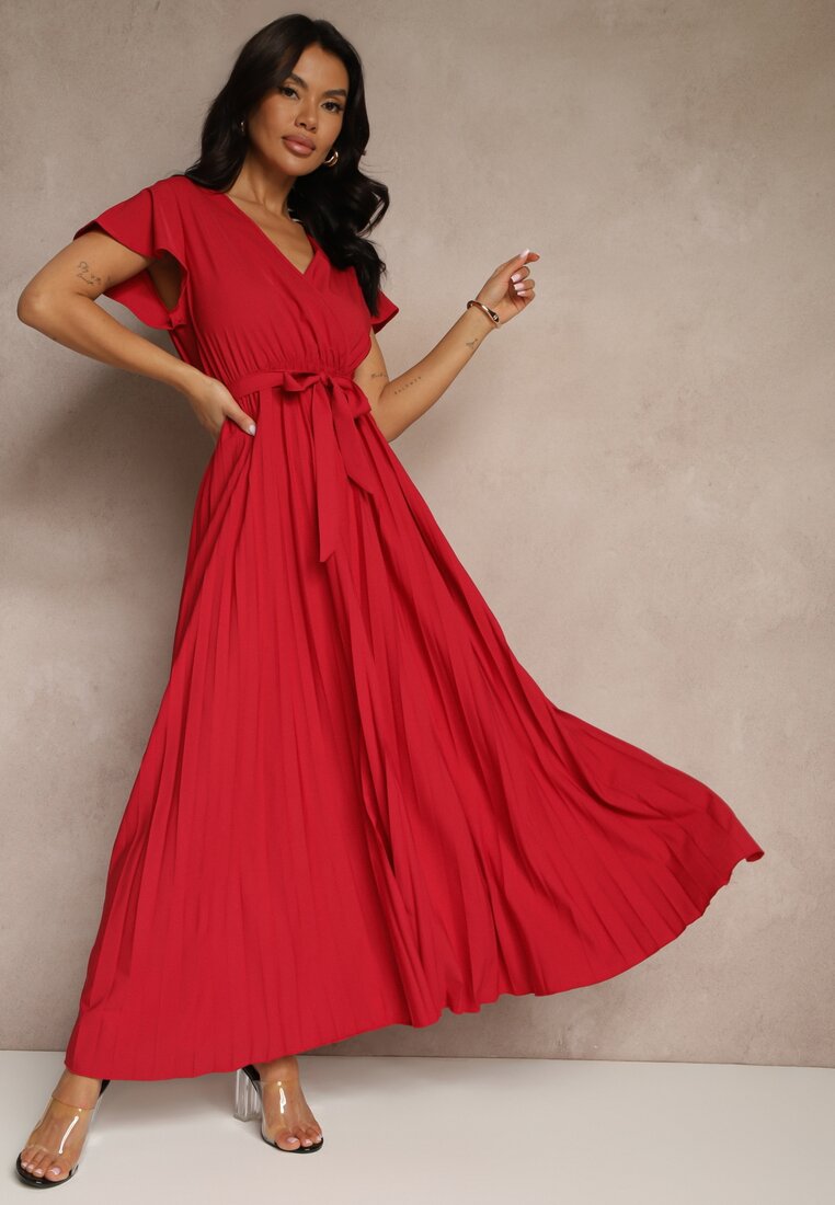 Rochie Maxi De cocktail Bordeaux Decorată cu pliuri cu decolteu triunghiular și legătură în talie Phoelia