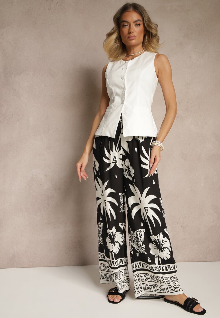 Pantaloni Negri cu Model tropical și cu Picioare largi Emivelli
