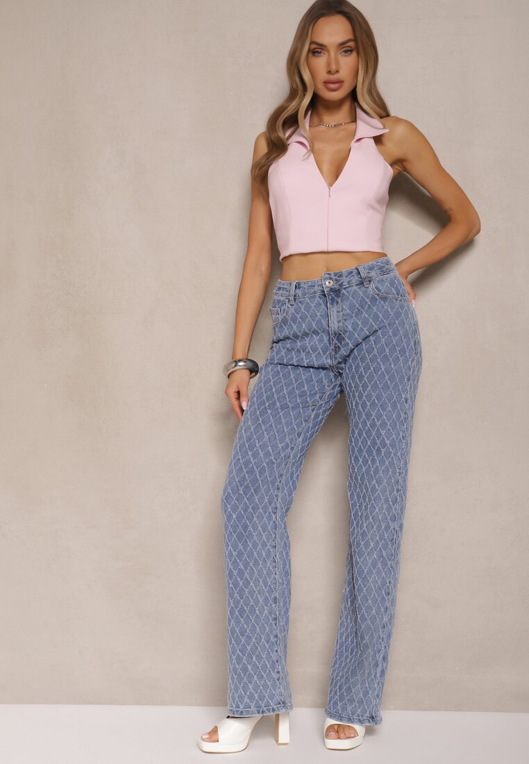 Blugi Albastri din Bumbac Talie înaltă cu croială largă în romburi Tuvielle
