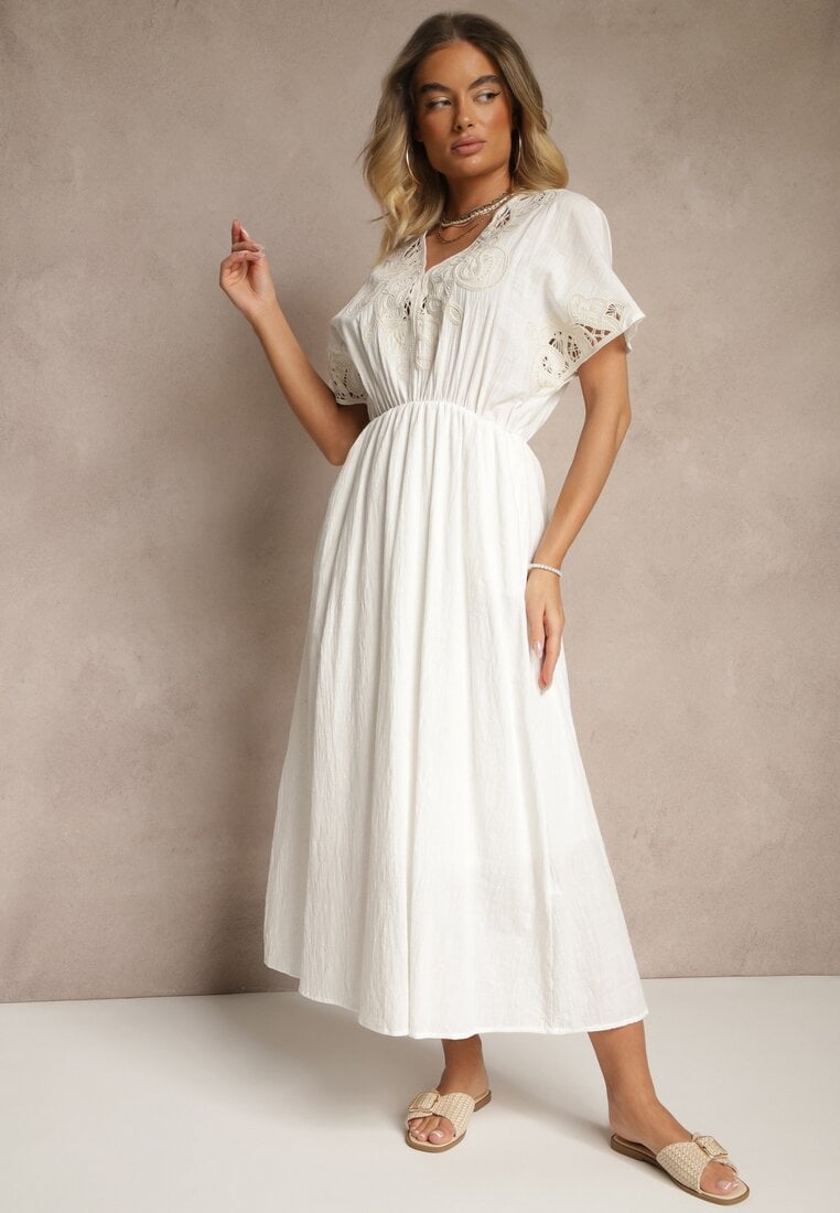 Rochie Albă din Bumbac în Stil Boho cu Buzunare Orrane