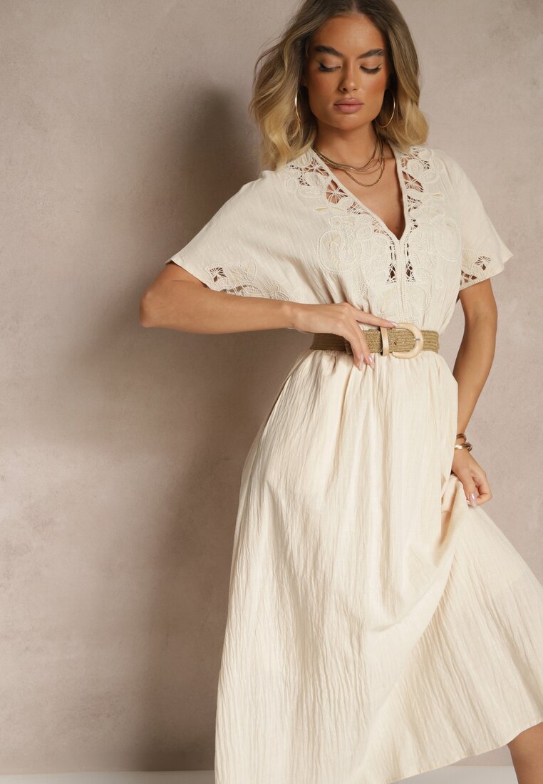 Rochie Bej Din Bumbac Stil Boho Cu Buzunare Orrane