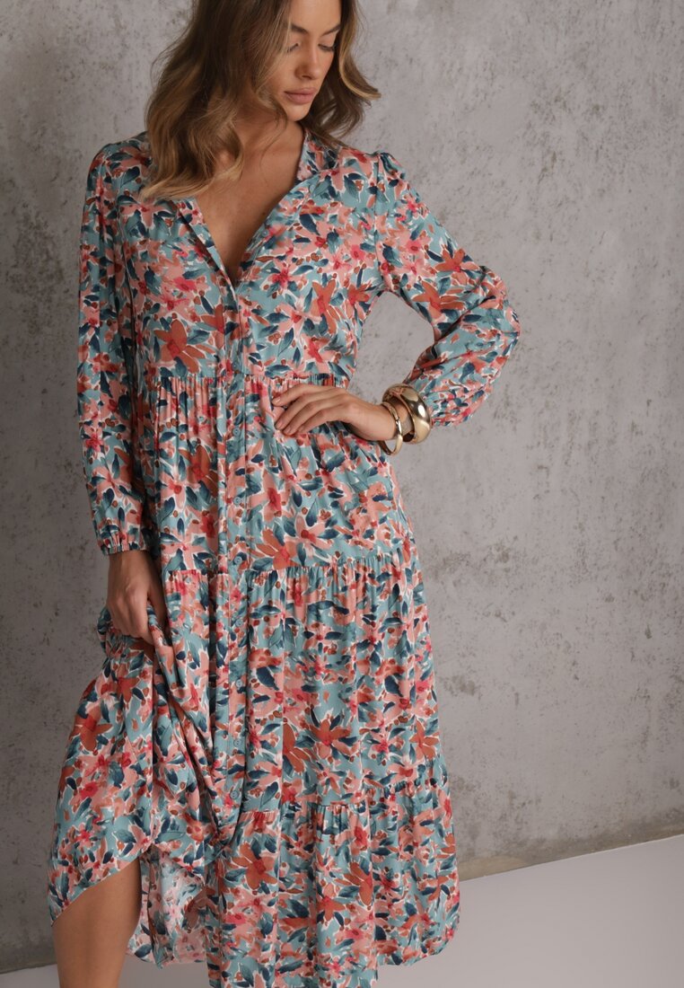 Rochie Roz-Albastră cu Despicătură și Imprimeu Floral Phaelerine