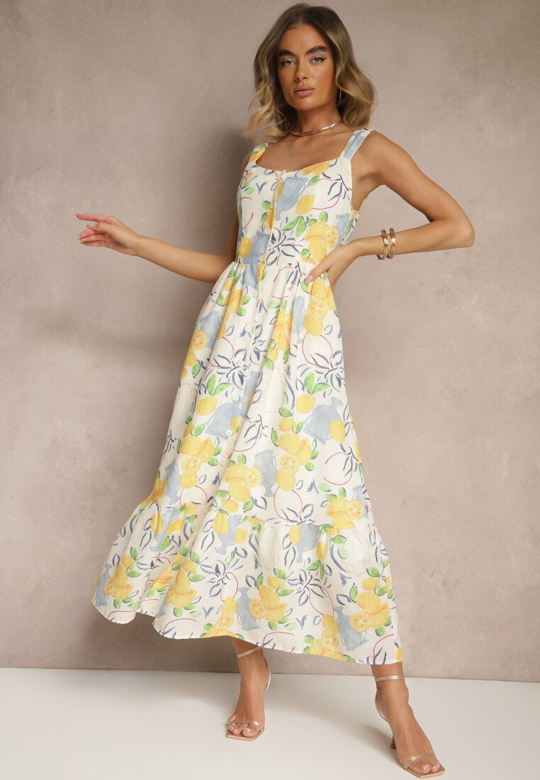 Rochie bej de bumbac cu imprimeu cu lămâi Lenvira