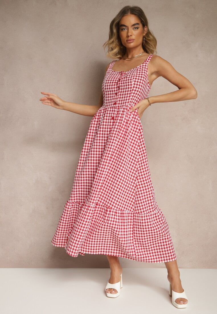 Rochie Roșie în Carouri Vichy cu Nasturi Lenivelle