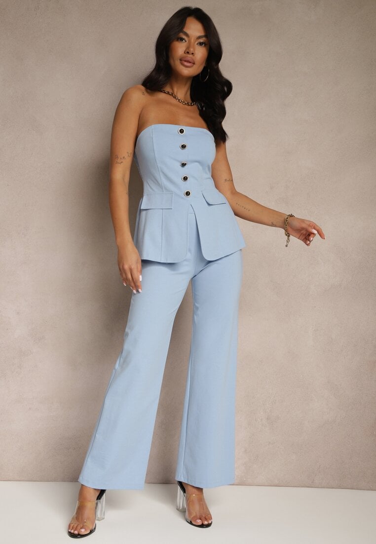 Compleu Albastru Top Bandeau Decorat cu Nasturi și Pantaloni cu Croială Largă Palarienna