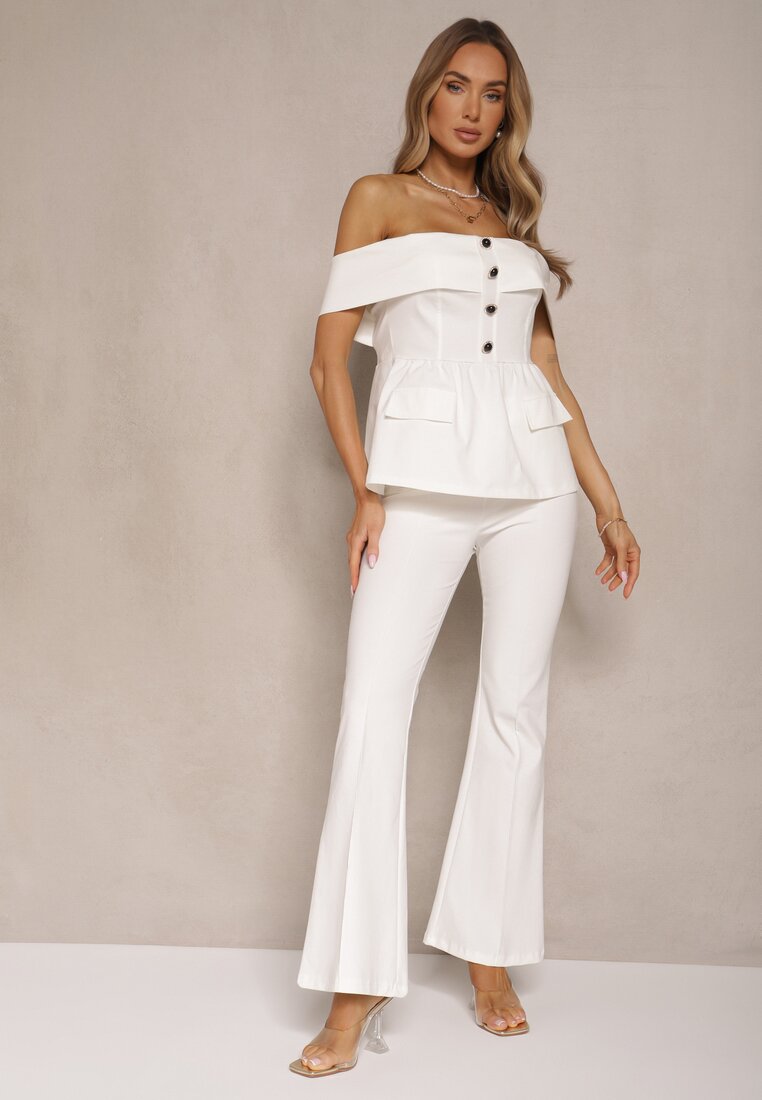 Compleu de costum Alb, Bluză tip spaniolă și Pantaloni evazați Silkio