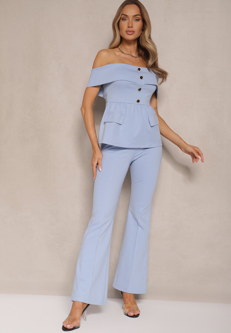 Set De costum Albastru Bluză Tip spaniolă și Pantaloni Flare Silkio