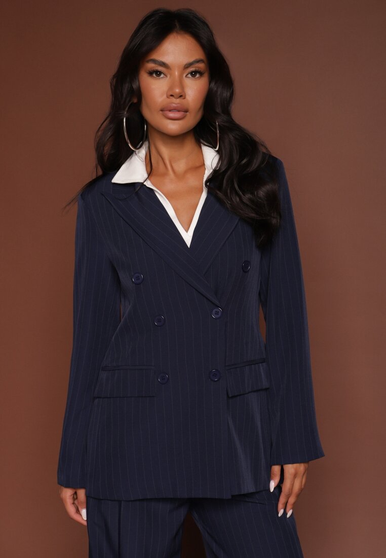 Sacou Bleumarin la Două Rânduri din Viscoză și cu Umeri Întăriți Ellirisa